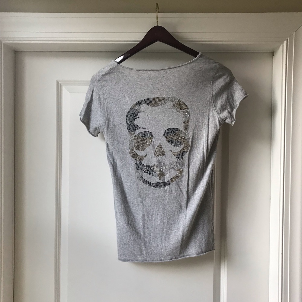 Zadig & Voltaire T-Shirt with Rhinestone Skull Back, Gray